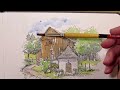 Fountain pen ink and watercolor sketch of a mountain barn and shrine