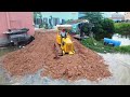 Dozer & Truck Pouring soil behind villagers' houses, surrounded by flooded water