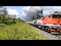 How the diesel locomotive dies! A lot of smoke and fire from the engine exhaust pipe! Russian trains