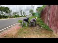 Rough cleaning of abandoned sidewalks with overgrown grass - Clean sidewalk grass cutting